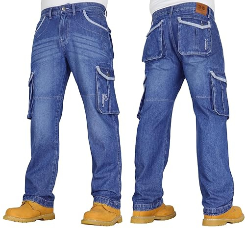 Crosshatch Mens Combat Cargo Heavy Duty Denim Jeans Straight Leg Multi Pockets Pants for Work, Casual & Outdoors by Jeanbase Stone Wash 36W X 29L
