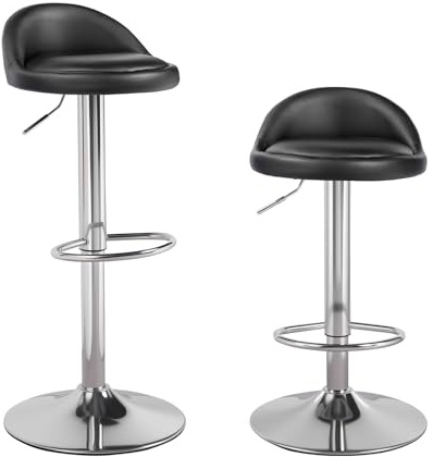 Panana Pair of Bar Stools, Height Adjustable Breakfast counter Bar Chairs Synthetic Leather 360° Swivel Kitchen Stool with Chrome Footrest&Comfy Padded for Kitchen Island Counter (Black1)