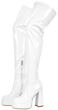 blingqueen Overknee Stiefel Damen Plateau Blockabsatz Stretch Boots Lack Weiß 46 EU