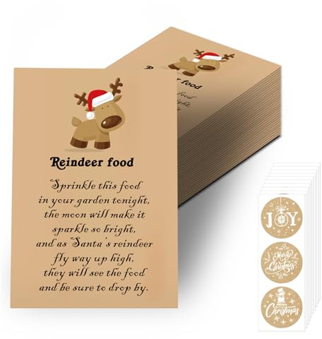 50Pcs Reindeer Food Bags, Empty Reindeer Food Bags, Add Your Own Magic Reindeer Food Reindeer Dust Small Kraft Paper Brown Envelopes with Christmas Xmas Stickers