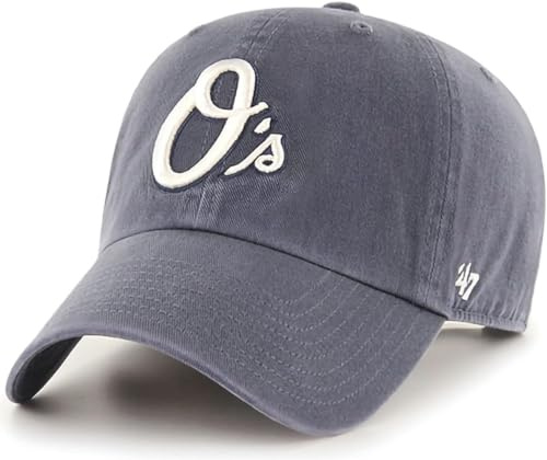 47 Brand MLB Vintage Navy Primary Logo Clean Up Adjustable Baseball Cap Hat, Adult One Size Fits All, Baltimore Orioles, One Size