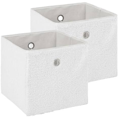 OHS Cube Storage Box Pack of 2 Teddy Boucle, Foldable Storage Cubes Set Home Bathroom Living Room Collapsible Storage for Toys Blankets Books Clothes, White