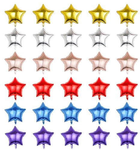 Zuisytm 30pcs Gold, Silver, Rosegold, Red, Blue, Purple Star Foil Balloons (10 inch) for Multiple Occasions