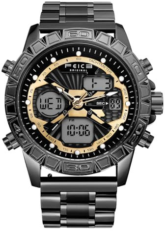 FEICE Montre à Quartz pour Homme Montre Multifonction Analogique Numérique 46 mm FK817 Noir
