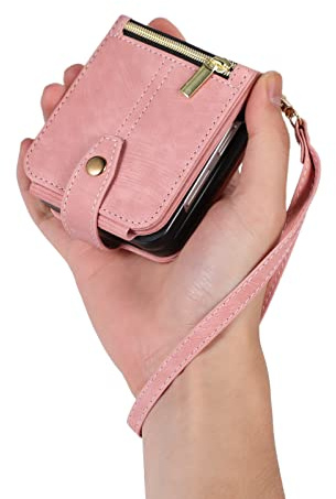UEEBAI Étui pour Samsung Z Flip 7 FE/Z Flip 6/Z Flip 5 5G, Portefeuille Cuir PU Rabat Housse avec Dragonne Fentes Cartes Fonction Support Fermeture Magnétique Protection complète, Vintage Or Rose