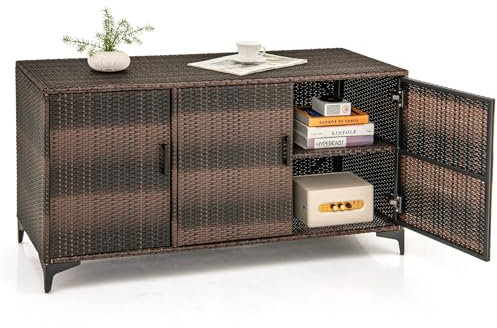COSTWAY Gartenschrank Rattan, Terrassenschrank mit Türen & abnembaren Regalen, Balkonschrank, Outdoor Aufbewahrungsschrank für Garten, Terrasse, 135 x 50 x 70,5 cm (Braun)