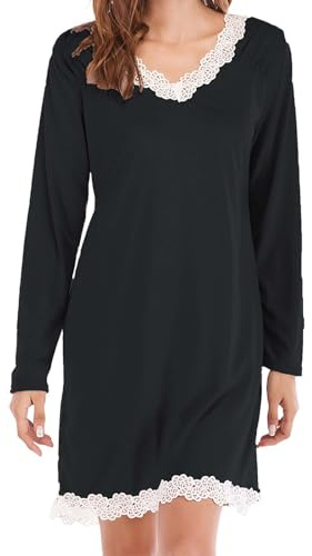 Pyjama Femme Sexy Chemises de Nuit à Manches Longues pour Femmes, col en V, Chemises de Nuit en Dentelle, t-Shirt décontracté, Robe de Nuit avec Nuisette Longue Femme Nuisette Et Peignoir (Black, M)