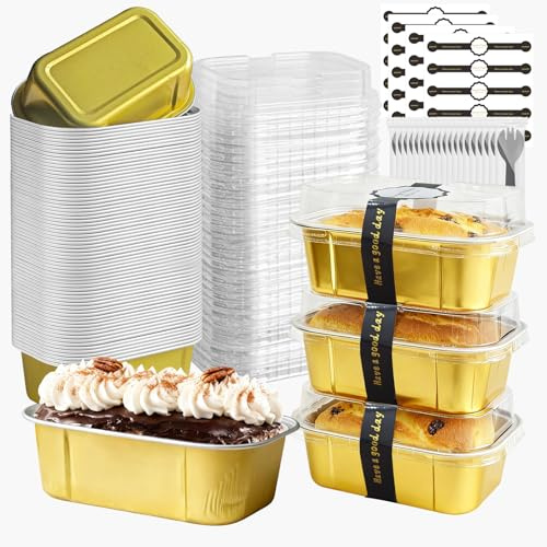 OBXMLFY mini loaf pans with lids and spoons 50 Pack,5.5 oz Rectangle mini individual cake tins Disposable Small Aluminum Foil Baking pans(50, Gold)
