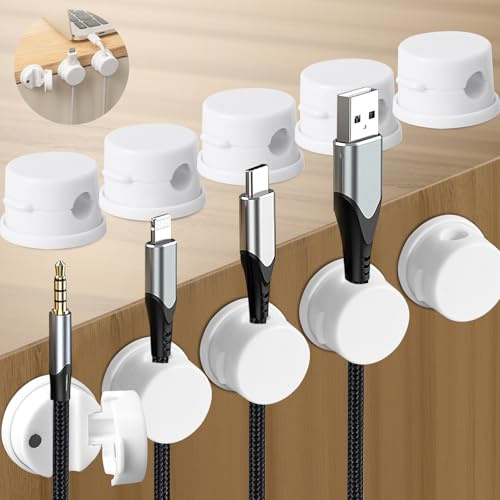 VEGCOO 10 Pack Cable Organizer Holder Clips, Magnetic Closure Wire Clips, 360° Swivel Cable Management, Suitable For Desk, Bedside Table, Car, Etc. - (0.7mm)(10, White)