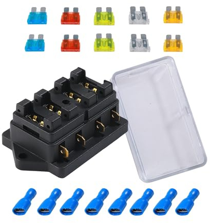 Xibao Portafusibili Auto,Porta Fusibili 12 Volt,Scatola Portafusibili 4 vie e 10 pz Fusibili Lamellari da 5A 10A 15A 20A 25A,Adatto per Auto,Camion,Barca,Petroliera,Marine,SUV,Yacht,Camper,Furgone