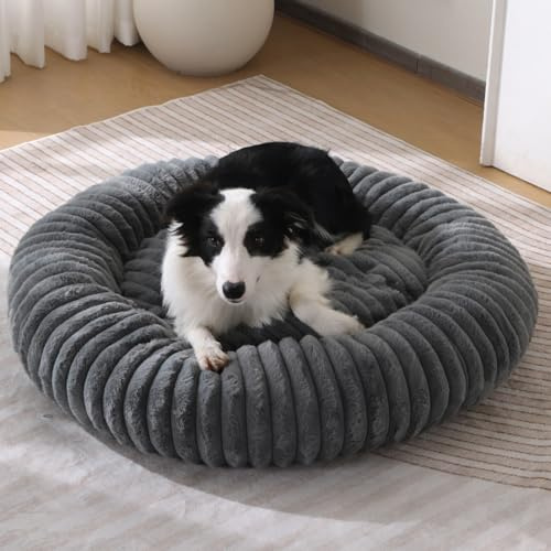 Yuly Panier pour Chien Anti-anxiété, Lit en Forme de Beignet pour Chat, Doux et Confortable, Fond Antidérapant, Lavable, Coussin Orthopedique pour Petit Moyen Grande Chiens (Gris foncé,60cm/23.6in)