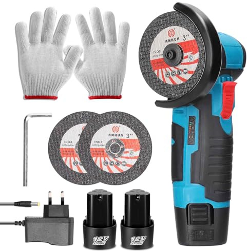 Reefuula Mini amoladora angular inalámbrica de 12 V, disco inalámbrico 19500 RPM con 2 x 2,0 Ah baterías, 2 discos de corte de 76 mm para cortar, eliminación de óxido