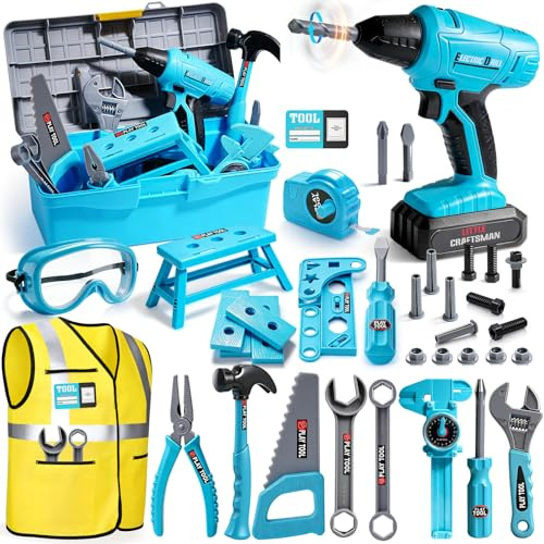 LOYO Kids Tool Set with Electric Drill, 50 PCs Construction Toys for 3 4 5 Year Old Boys Girls, Complete Building Kit with Vest, Tool Box, Educational Role-Play Gift