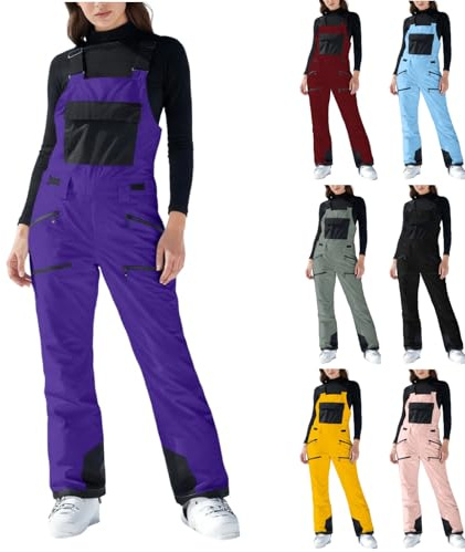 Generisch Pantalon de ski pour femme - Imperméable - Doublure thermique - Bretelles avec salopette réglable - Coupe-vent - Pantalon de snowboard - Mode d'hiver - Pantalon softshell léger