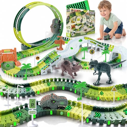 Dinosaurie bilbana från 3 4 5 6 år barn, dino barnleksaksset, motorväg tåg med 2 bilar, elektrisk 360 looping racerbana, bilar racerbana