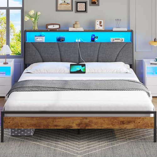 Brinlawb King Size Bed Frame with Charging Station (2 AC Sockets 1 USB‑A 1 Type‑C Port) and LED Lights, 150x200 cm Stable Metal Bed Frame with Upholstered Headboard & 2-Tier Open Storage Shelves, Grey