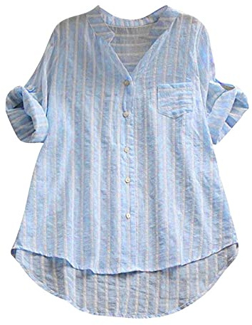 Blusa para mujer, lino, algodón, vintage, camiseta de verano, elegante, manga corta, cuello en V, blusa larga a rayas, blusa de lino de gran tamaño, camisa de muselina, blusa con bolsillos
