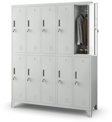 Jan Nowak Umkleideschrank 5B2A Spind Spint Schließfachschrank Metallschrank mit 10 Fächern Etikettenhalter Lüftungsschlitze Metall Pulverbeschichtet 172 cm x 136 cm x 45 cm (H x B x T) (Grau)