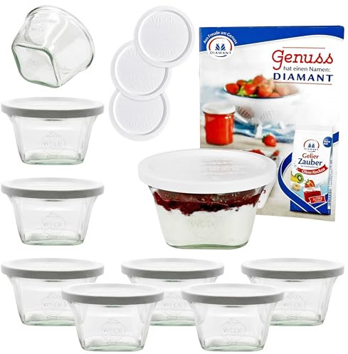 MamboCat 9er Set Weckgläser 290 ml Quentin-Glas eckig I Original Weck Glas mit Frischhalte-Deckel I Weck Dessertglas Sturzglas I Einweckgläser Set inkl. Diamant-Zucker Gelierzauber Rezeptheft