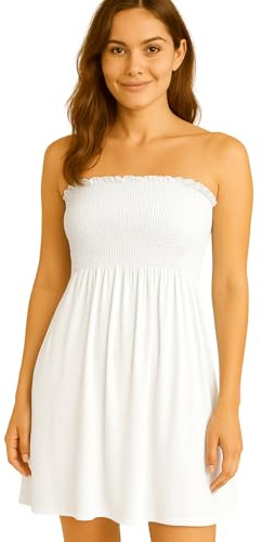 STAR FASHION Women’s Strapless Sheering Ruched Bandeau Dress Plain Boob Tube Sleeveless Midi Dress Summer Holiday Beach Flared Dress Soft Stretch White 12-14