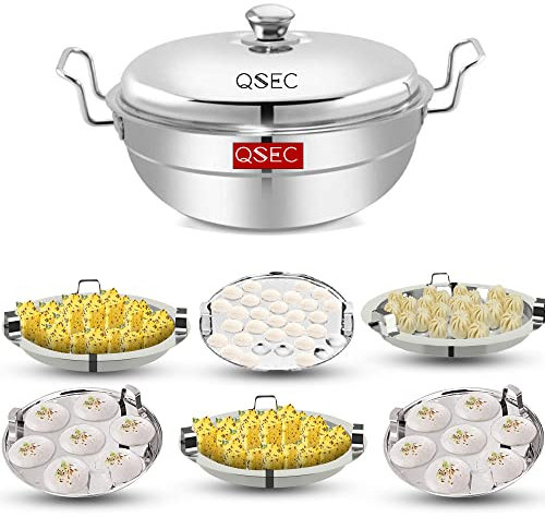 QSEC Stainless Steel Induction Base Multi-Utility Kadai Cooker Steamer | 6 Plate 2 Idli 1 Mini Idli 1 Dhokla 1 Patra Momo Steamer | 4 in 1