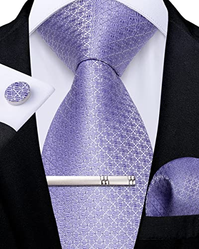 DiBanGu Flieder Krawatten und Taschentuch-Set Karierte Krawatte für Herren Manschettenknopf-Krawattenklammer für Hochzeit Formell
