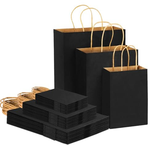 45stk Schwarz Papiertüten mit Henkel, Gemischte Größen Papiertragetaschen, Perfekte Kraftpapiertüten für Business, Einkaufstaschen, Einzelhandelstaschen, Partytüten, Geschenktüten, Merchandise-Taschen