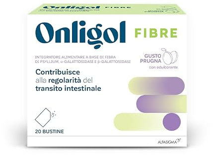 Onligol Fibre, integratore di fibra di Psyllium, Alfa e Beta Galattosidasi, aiuta a regolarizzare le funzioni intestinali e ritrovare sollievo, Prugna, 20 Buste da sciogliere gusto Prugna