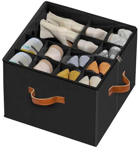 Corkovia Verstellbare Schuhorganizer für Schrank, Shoe Organizer aus Stoff mit Klarer Abdeckung, Schuhaufbewahrung Platzsparend mit 3 Griffen, Faltbare Schuhbox Passend für 8-16 Paare, Schwarz