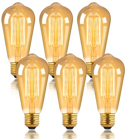 6 Pack Dimmable ST64 Vintage Edison Bulb, E27 Screw Filament Bulb Amber Warm White 2700K, Squirrel Cage Shaped Filament Bulb, Suitable for Bedroom, Cafe, Chandelier, Bookstore, Interior Decoration