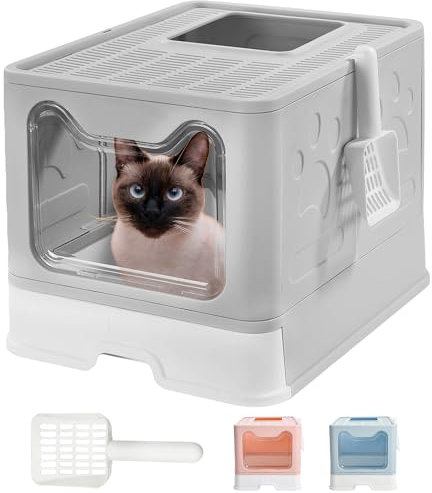 JUPPLIES Arenero Gatos Cubierto Plegable 51x38x41cm – Caja Arena Grande con Doble Entrada, Bandeja Extraíble y Pala de Fácil Limpieza – Cat Litter Box para Gatos Grandes y Pequeños (Gris)