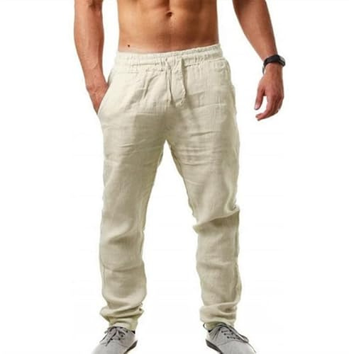 Litthing Pantalones de Lino para Hombre Pantalon Algodón Ligeros de Verano Playa Holgados Cómodos Casuales Pants con Bolsillos y Cordón