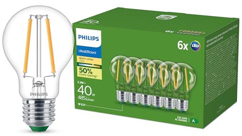 Philips Ultra Efficient LED Glühbirne, Energieeffizienzklasse A, mit E27 Sockel, 40 W, klar, warmweiß 2700 K, 6er Pack