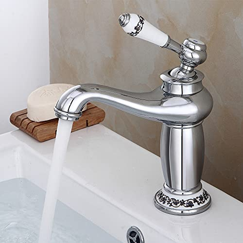 MEELRYD Rubinetto da bagno, design retrò, miscelatore monocomando per lavabo, anima in ceramica, cromatura, argento
