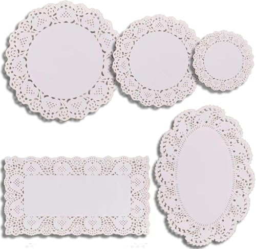 250 Stück Papierdeckchen, Weißes Spitzenpapier, runde, rechteckige und ovale Tortendeckchen für Tische, Teller, Kuchen, Desserts und Bastelarbeiten(4.5″/6.5″/8.5″/6.5 * 9″/7.5 * 11.8″)