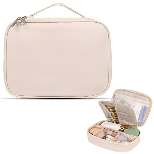 Czemo Groß Kosmetiktasche für Damen Reise Kulturtasche aus Wasserdichtem Leder Tragbare Kulturbeutel oder Make Up Tasche mit Griff und Abnehmbarem Trenner (Beige)