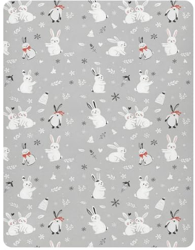 Pfrewn Christmas Crib Sheets for Boys Girls Cute White Bunnies Snow Fitted Crib Sheet Fits Standard Crib Mattress Pads Winter Pattern Stretch Soft Toddler Baby Sheet,52x28IN