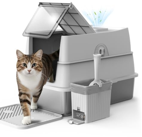 FURTIME XXL Stainless Steel Cat Litter Tray with Lid, 58x38x38cm(Grey)