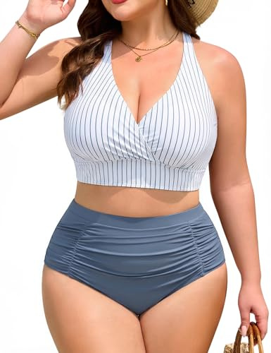 Nadeer Due Pezzi Taglie Forti Bikini Donna Mare Curvy Vita Alta Push Up Estate Effetto Snellente Costume da Bagno Donna Due Pezzi(3XL,Righe Blu e Bianche)