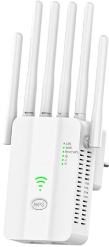 WLAN Verstärker Stark mit 6 Antennen, 300 Mbit/s WiFi Repeater Signalverstärker, 2 LAN-Anschlüsse, 3 Modi (Repeater/Router/AP), Bis zu 300m² Abdeckung für Haus & Büro, Einfache Einrichtung, Weiß