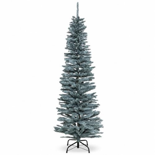 8Ft/2.4m Frosty Green Artificial Slim Pencil Christmas Tree, 828 Tips, Xmas | For Christmas, Home, Office and Party Decor, PVC and Metal Construction, Easy Assembly, Slim Space-Saving Design, Sturdy Base