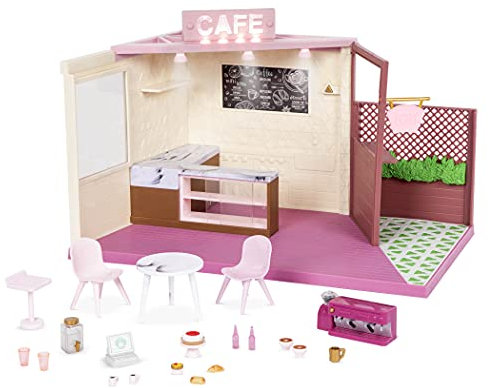 Lori Café Set Zubehör für 15 cm Puppen – Puppenhaus mit Puppenzubehör, Möbel, Theke, Essen, Kaffeemaschine, Tische, Stühle – Spielzeug für Kinder ab 3 Jahre