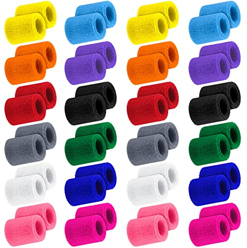Hungdao 48 Pack Sweatbands Bulk Sports Wristbands Neon 80s Sweat Band Athletic Wrist Bands Baseball Basketball Football Tennis Party Favors for Outdoor Activity (Novel Colors)