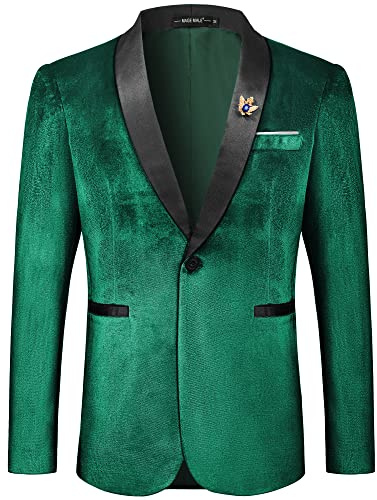 MAGE MALE Men's Velvet Slim Fit Suit Blazer Jacket Shawl Lapel One Button Dinner Prom Wedding Tuxedo Dark Green