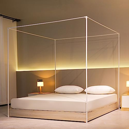 Beyeutao Ciel de Lit Baldaquin 140 x 200 cm Blanc - Moustiquaire Quatre Poteaux pour Lit Double - Design avec Vis