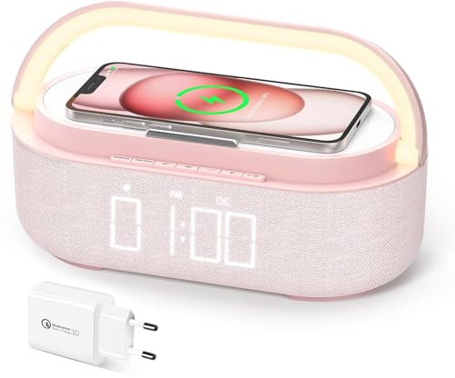 Radiosveglia Digitale con Ricarica Wireless, COLOUR Radio FM Sveglia con Allarme con Timer di Speaker Bluetooth Portatile, USB Luce Noctturna, Display LED Regolabile