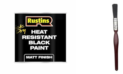 RUSTINS HRMB250 Quick Dry BlackPaint, Heat Resistant Black Paint 250ml & Fit For The Job 0.5 inch All Purpose Mixed Bristle Paint Brush for a Smooth Finish Painting with Emulsion