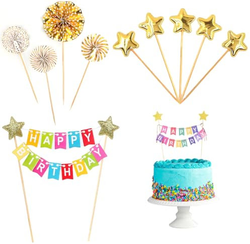 ZAMXHUG Kuchen Topper Bunting - Alles Gute zum Geburtstag Tortendeko Set, Regenbogen Kuchen Dekorationen, Golden Sterne Papierfächer Tortendekoration, Banner bunt für Geburtstagsfeier(10pcs)