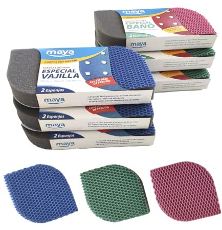MAYA Confezione da 6 spugne per WC EVO + 6 spugne EVO per stoviglie. Pulisce senza graffi. Adatto a tutte le superfici senza lasciare bolle. Lavabile in lavatrice. Dimensioni 12 x 8,5 x 2,5 cm