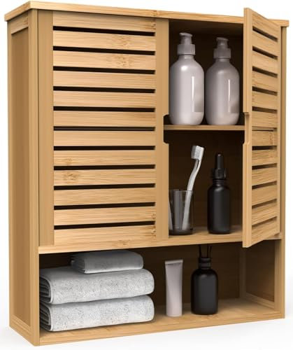 FoverOne Bathroom Wall Cabinet, Bamboo Storage Cabinet Wall Mounted, Wall Hanging Cabinet with 2 Doors & 3 Tier Shelves